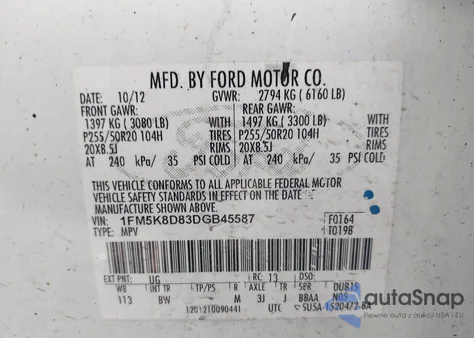 2013 Ford Explorer Xlt из США, поврежденный, VIN 1FM5K8D83DGB45587